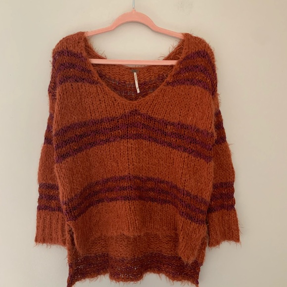 Free People Cotton Wool Blend Rust Stripe V Neck Oversized Fuzzy Sweater S - Picture 2 of 12